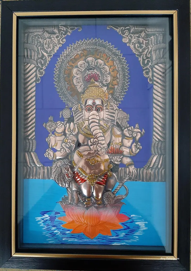 Kandrishti Vinayagar in the antique finish, framed and glazed