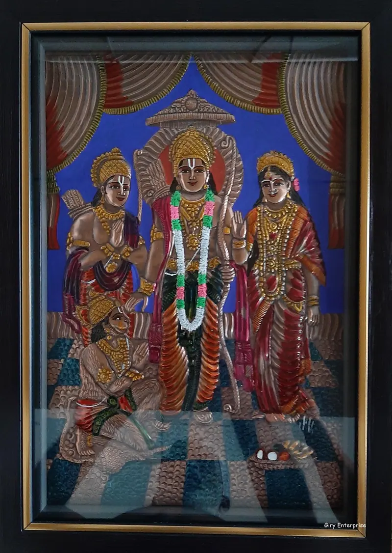 Ramar Pattabishegam in the antique finish — the polish held back in the recesses so the pushed relief reads dark against the raised copper