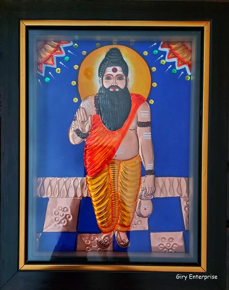 Agathiyar in hand-tooled copper, painted and framed, full frontal view