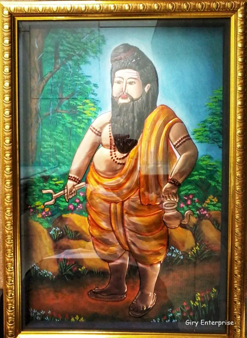 Agathiyar in hand-tooled copper, painted and framed, full frontal view