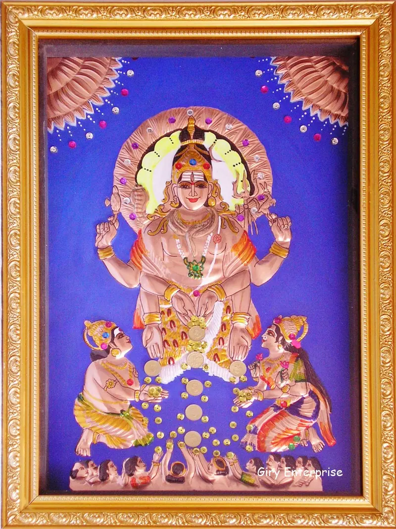 Aishwarya Eshwar in hand-tooled copper, painted and framed, full frontal view