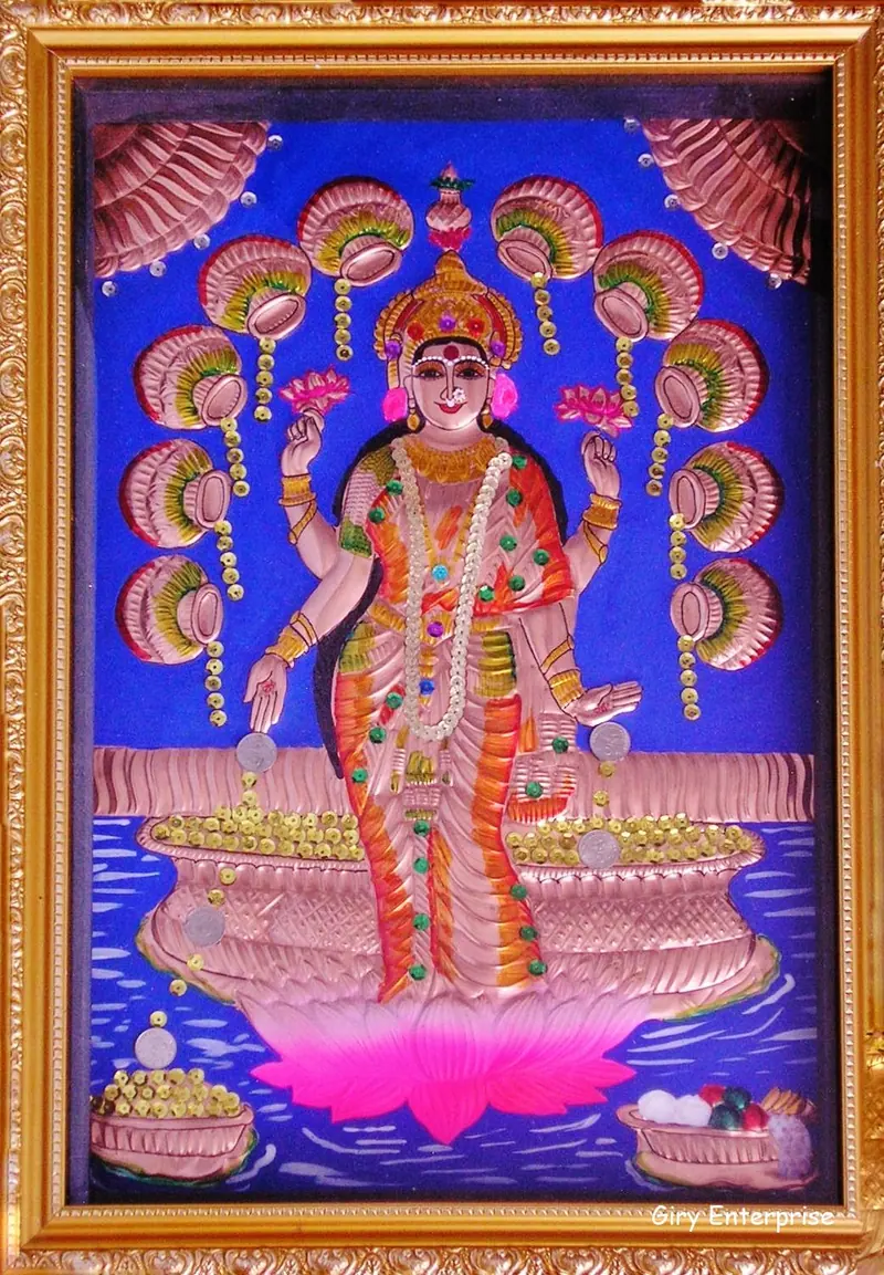 Aishwarya Lakshmi in hand-tooled copper, painted and framed, full frontal view