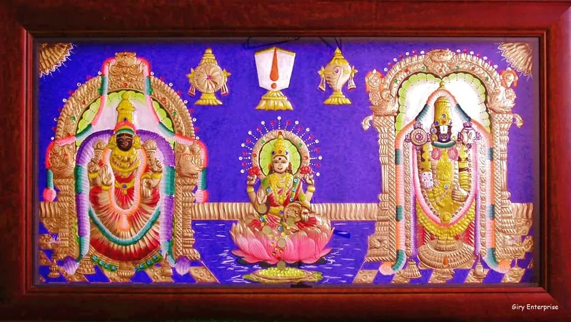 Alamelu Mangai Lakshmi Venkatachalapathy in hand-tooled copper, painted and framed, full frontal view