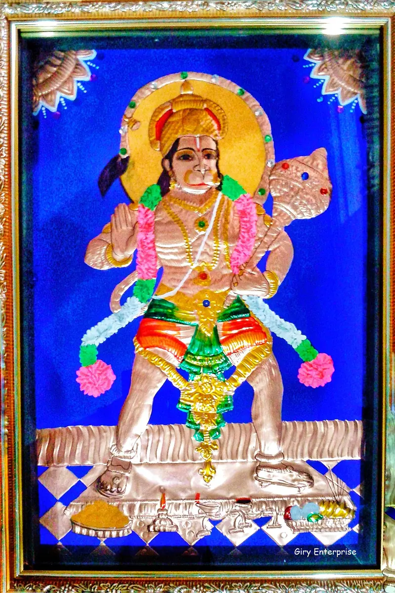 Anjaneyar in hand-tooled copper, painted and framed, full frontal view