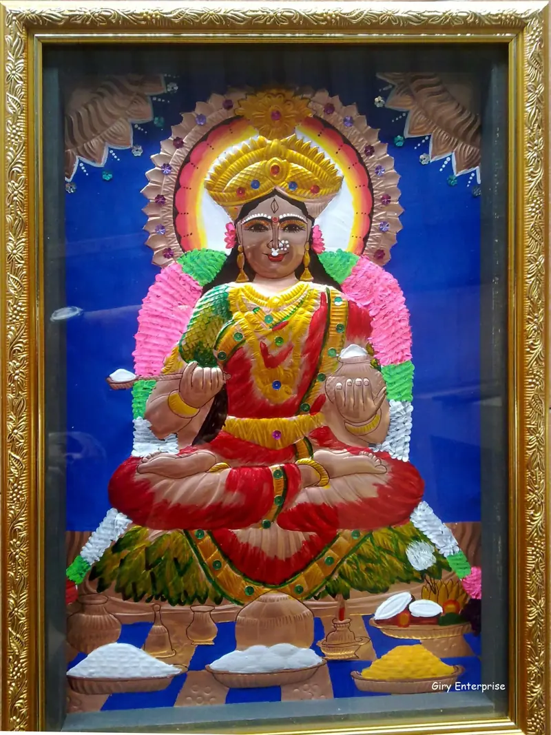 Annapoorani in hand-tooled copper, painted and framed, full frontal view