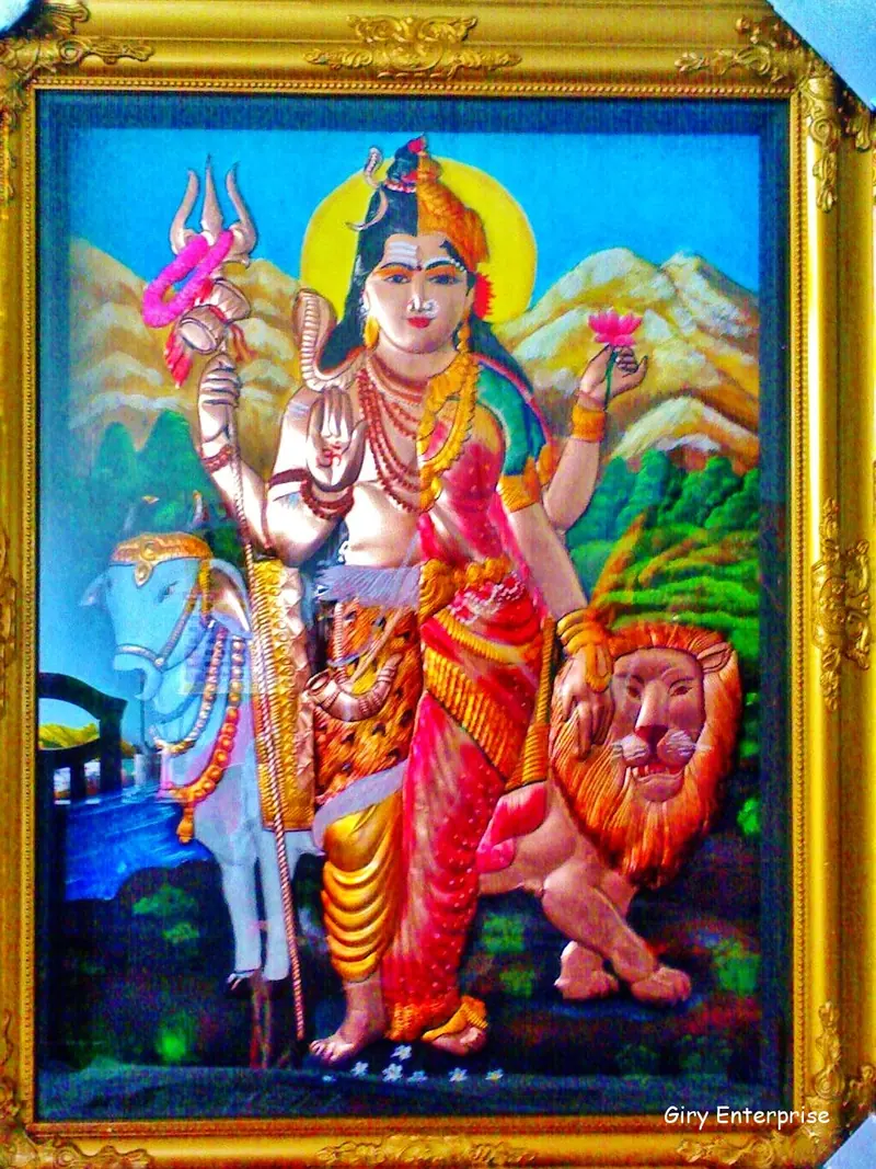 Ardhanarishvara in hand-tooled copper, painted and framed, full frontal view