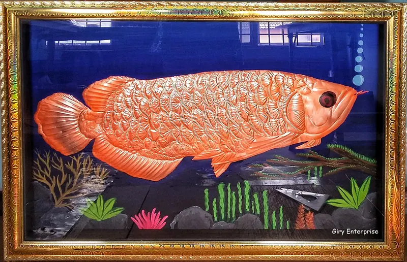 Arowana Fish in hand-tooled copper, painted and framed, full frontal view