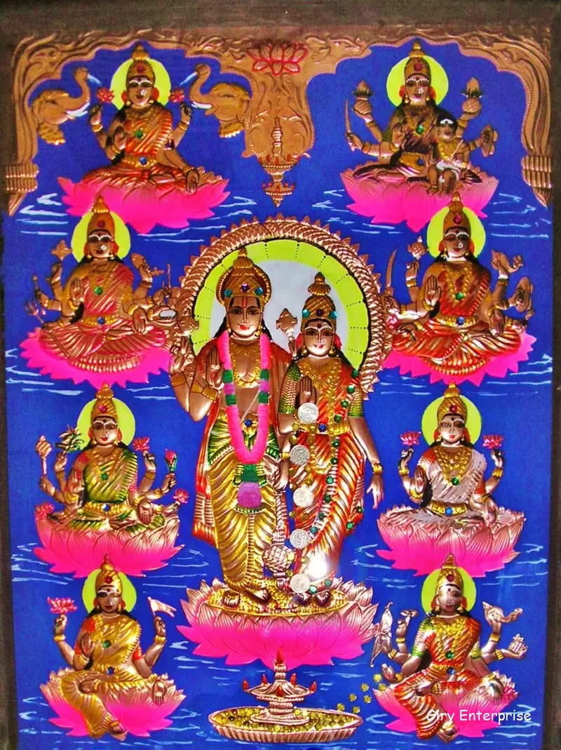 Ashta Lakshmi with Lakshmi Narayana in hand-tooled copper, painted and framed, full frontal view