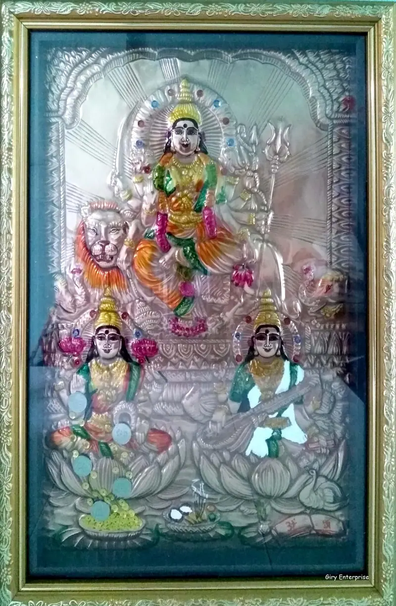 Athi Parashakti in hand-tooled copper, painted and framed, full frontal view