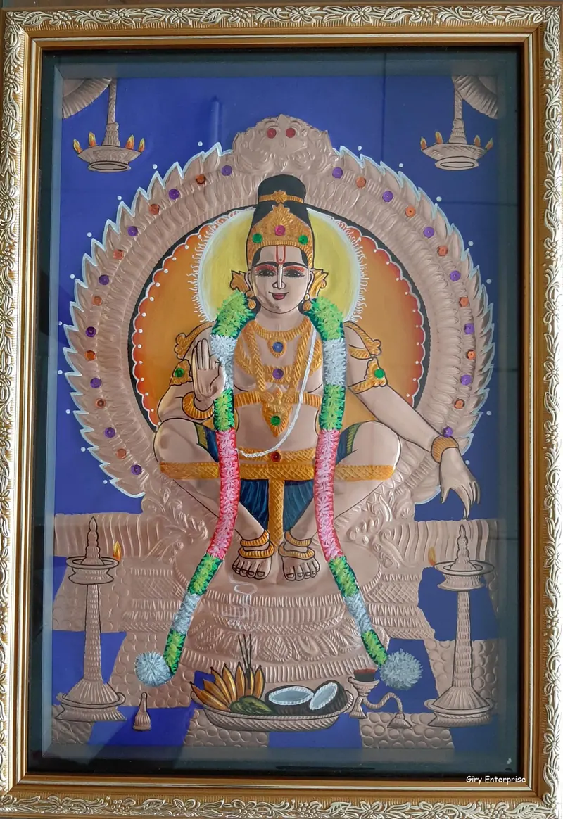 Ayyappan in hand-tooled copper, painted and framed, full frontal view