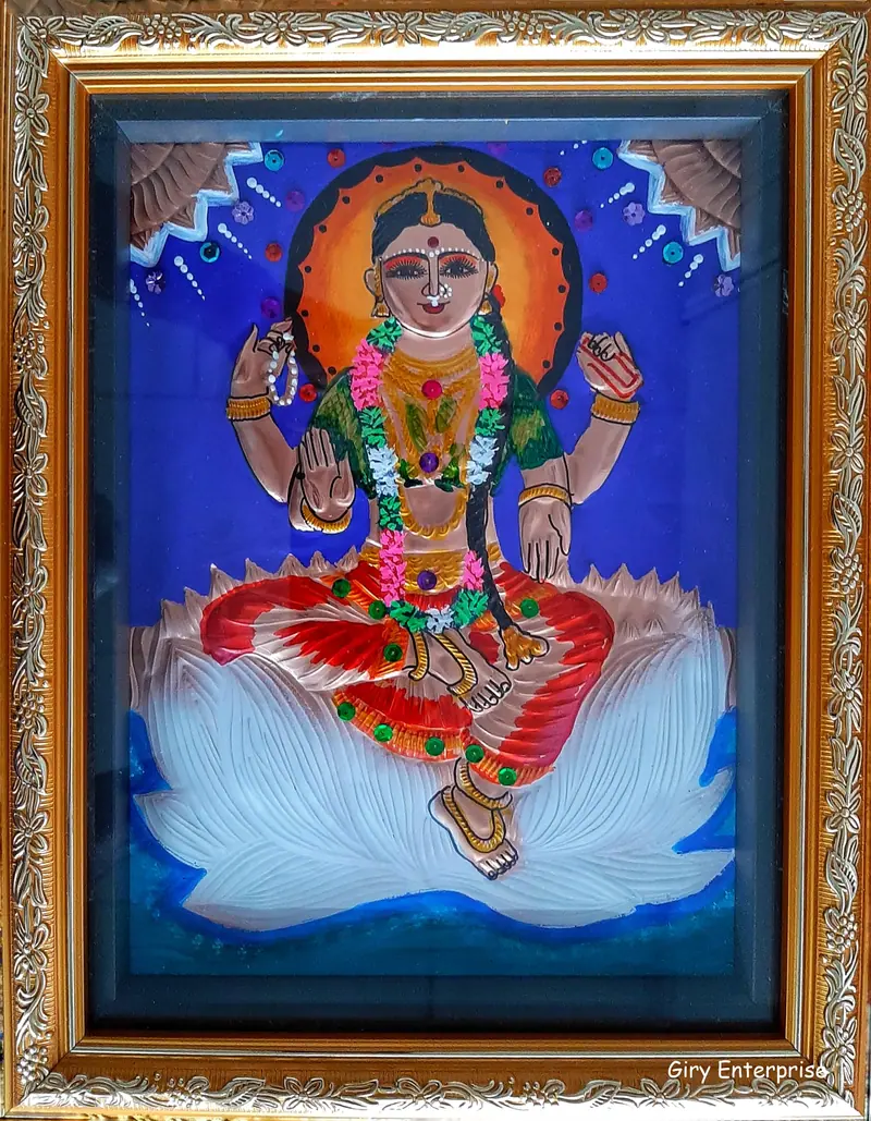 Bala Tripurasundari in hand-tooled copper, painted and framed, full frontal view