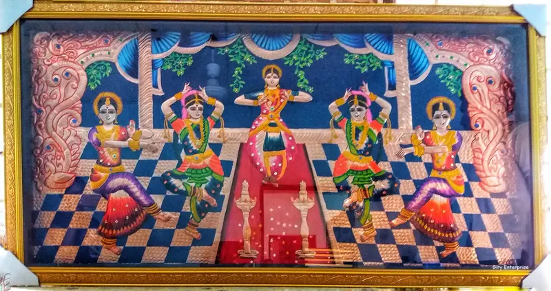Bharathanatyam Girls in hand-tooled copper, painted and framed, full frontal view