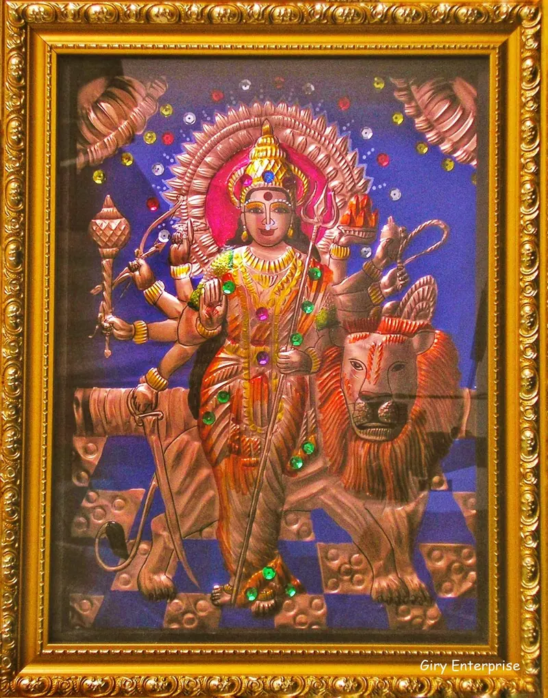 Bhavani in hand-tooled copper, painted and framed, full frontal view