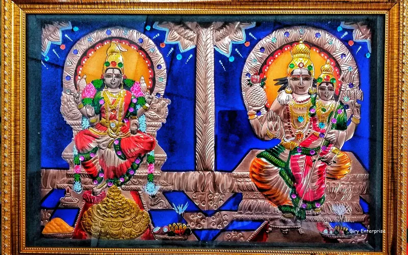 Bhuvaneshwari Bhairavar in hand-tooled copper, painted and framed, full frontal view
