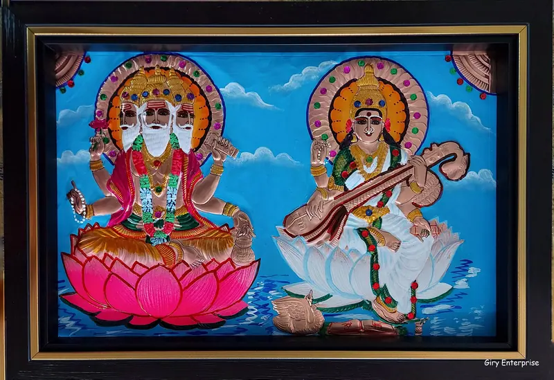 Brahma Saraswathi in hand-tooled copper, painted and framed, full frontal view