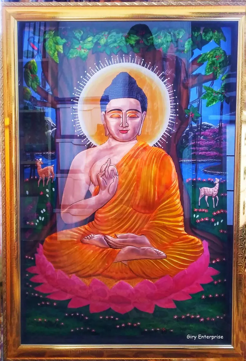 Buddha in hand-tooled copper, painted and framed, full frontal view