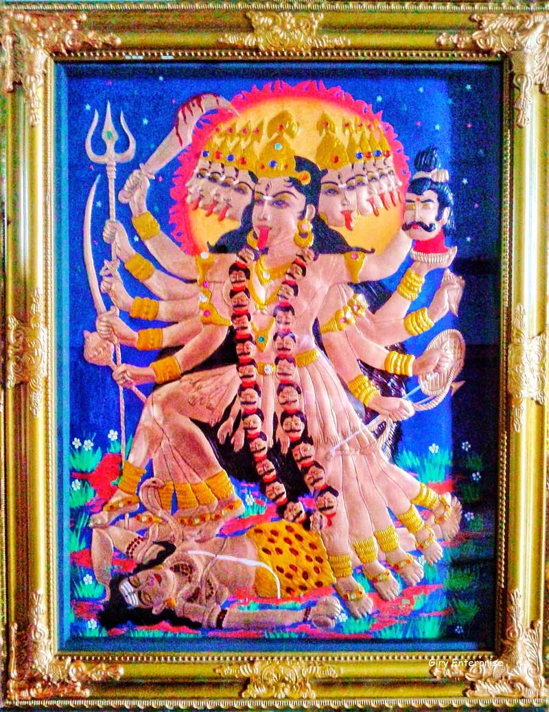 Dasa Mahavidya Mahakali in hand-tooled copper, painted and framed, full frontal view