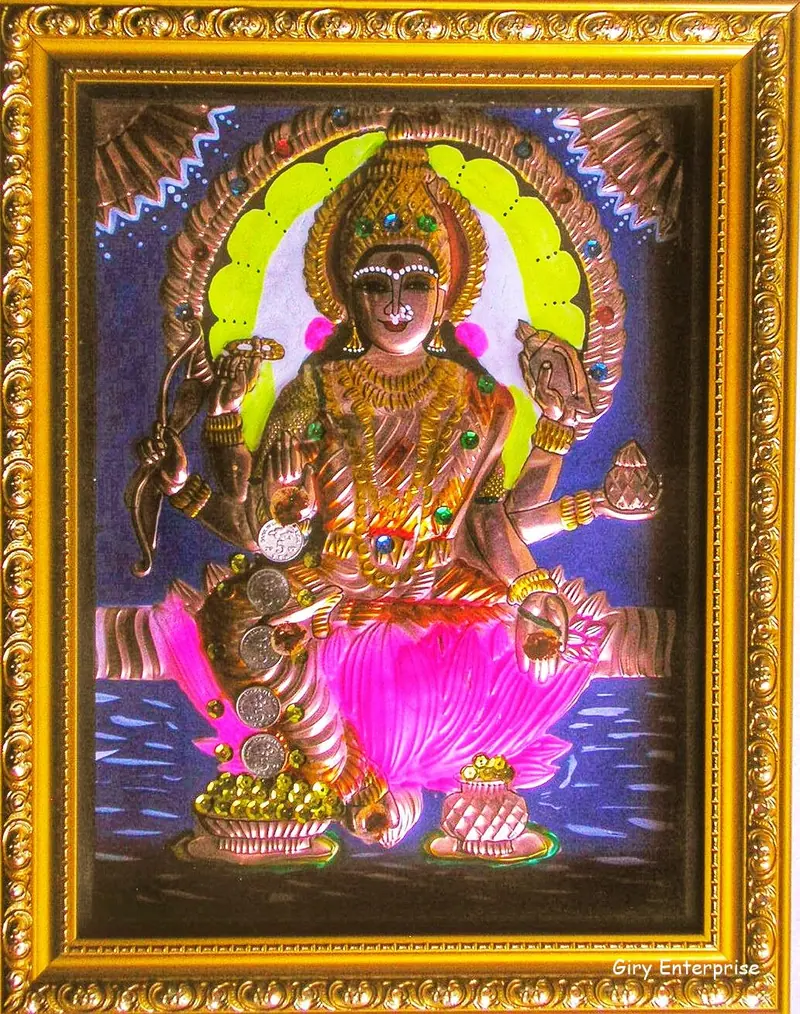 Dhana Lakshmi in hand-tooled copper, painted and framed, full frontal view