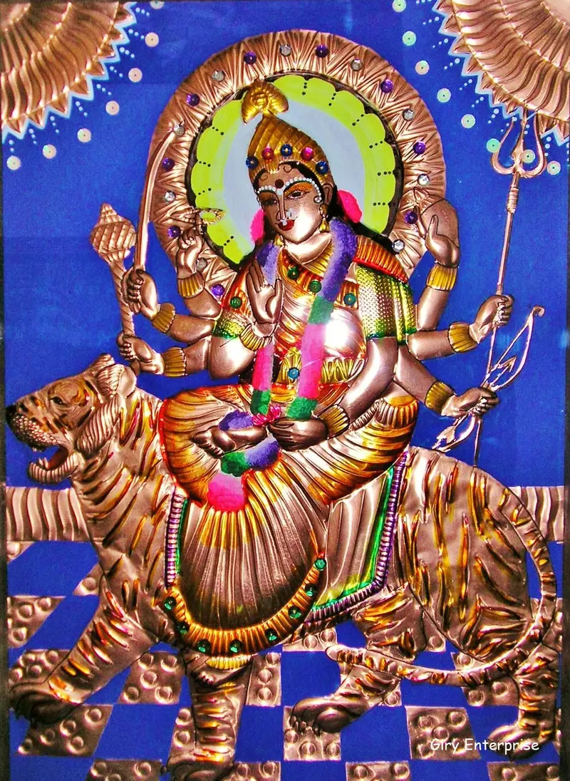 Durga in hand-tooled copper, painted and framed, full frontal view