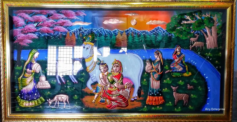 Gokulam Krishna in hand-tooled copper, painted and framed, full frontal view