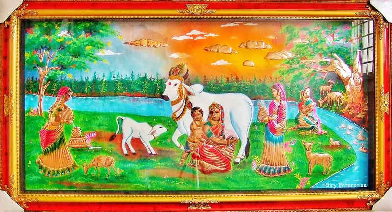 Gokulam Krishna in hand-tooled copper, painted and framed, full frontal view