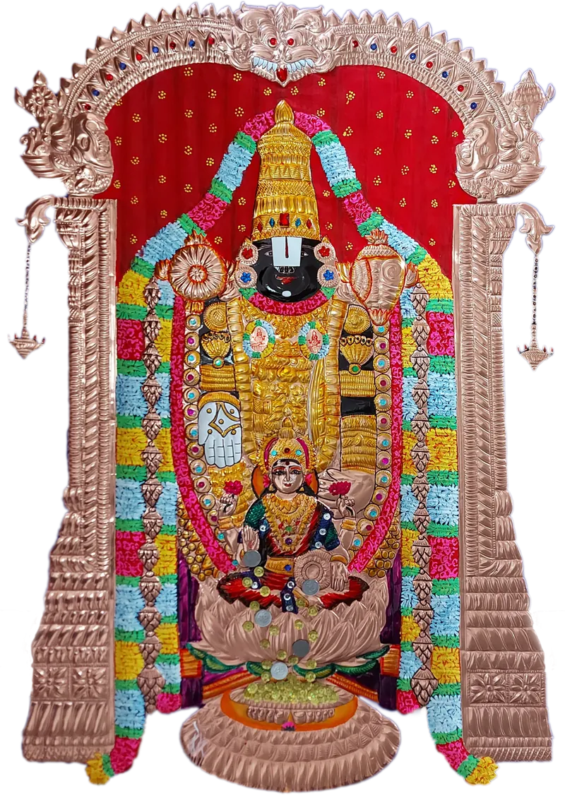 Venkatachalapathy Lakshmi in hand-tooled copper, painted and framed, full frontal view