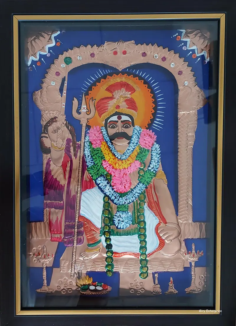 Jalan Baru Sri Muniswarar in hand-tooled copper, painted and framed, full frontal view