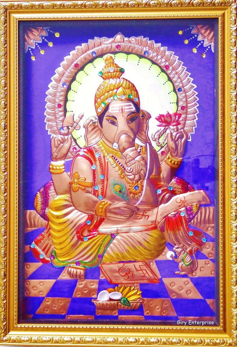 Kalvi Ganapathi in hand-tooled copper, painted and framed, full frontal view
