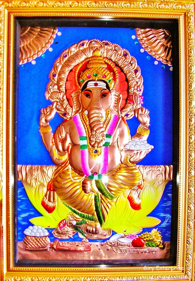 Kamala Ganapathi in hand-tooled copper, painted and framed, full frontal view