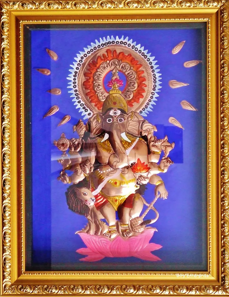 Kandrishti Vinayagar in hand-tooled copper, painted and framed, full frontal view