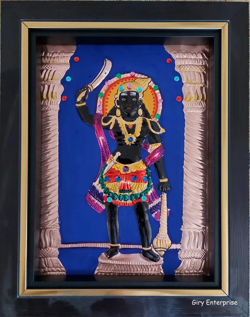 Karuppanna Swamy in hand-tooled copper, painted and framed, full frontal view