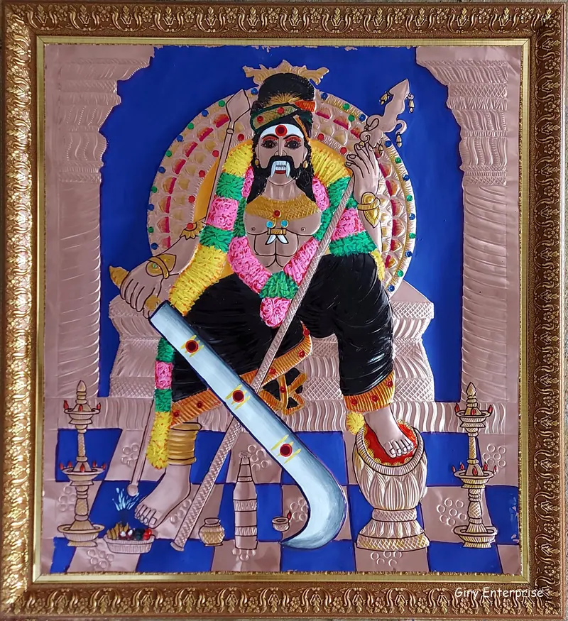 Karuppar in hand-tooled copper, painted and framed, full frontal view