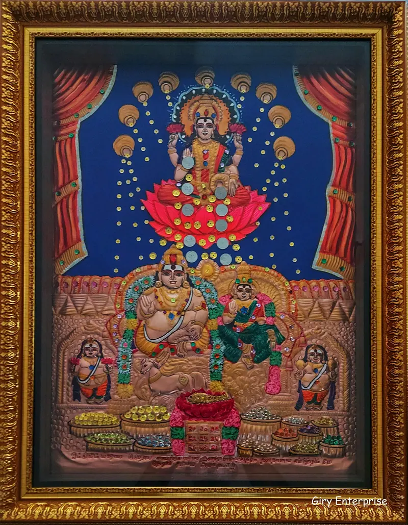Kubera Lakshmi in hand-tooled copper, painted and framed, full frontal view