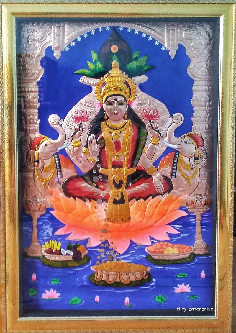 Kumba Lakshmi in hand-tooled copper, painted and framed, full frontal view