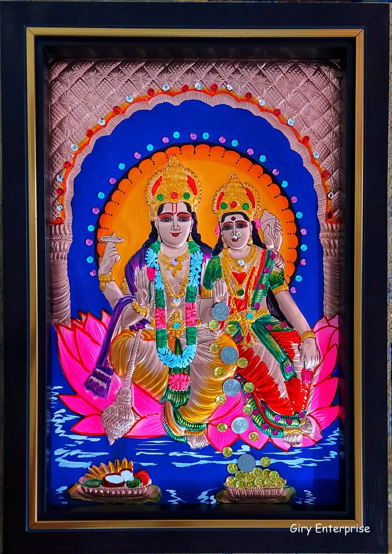 Lakshmi Narayanan in hand-tooled copper, painted and framed, full frontal view