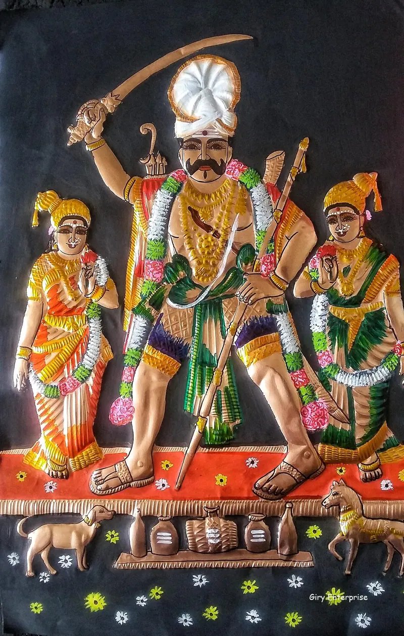 Madurai Veeran in hand-tooled copper, painted and framed, full frontal view