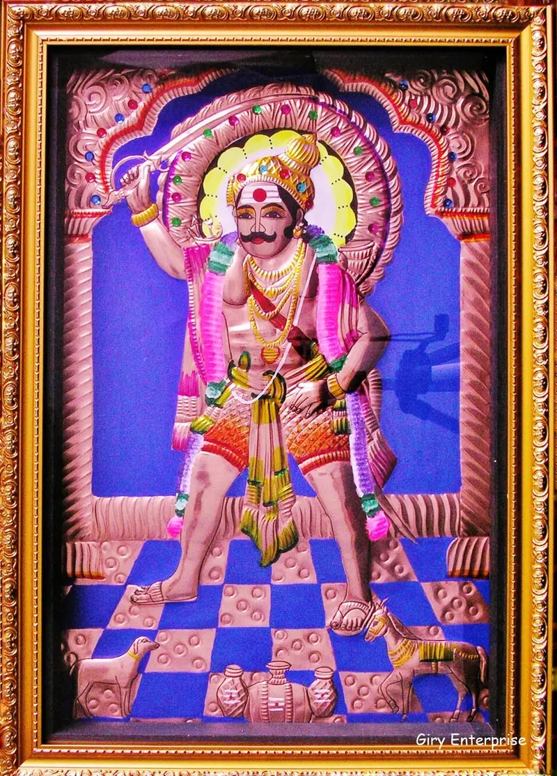 Madurai Veeran in hand-tooled copper, painted and framed, full frontal view