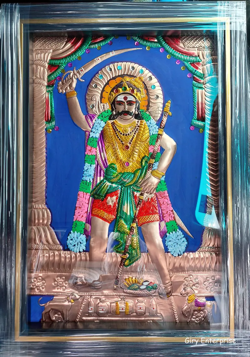 Madurai Veeran in hand-tooled copper, painted and framed, full frontal view
