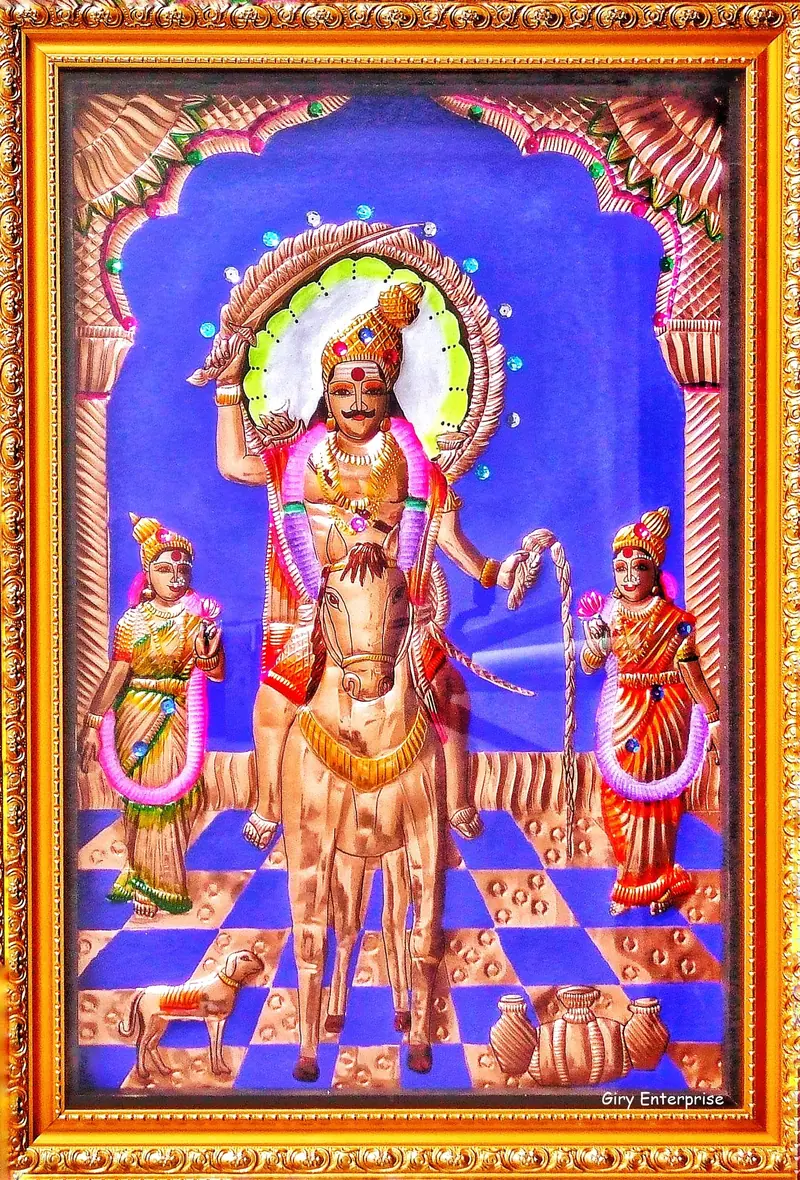 Madurai Veeran in hand-tooled copper, painted and framed, full frontal view