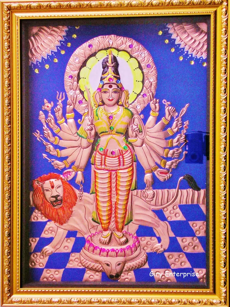 Maha Durga in hand-tooled copper, painted and framed, full frontal view
