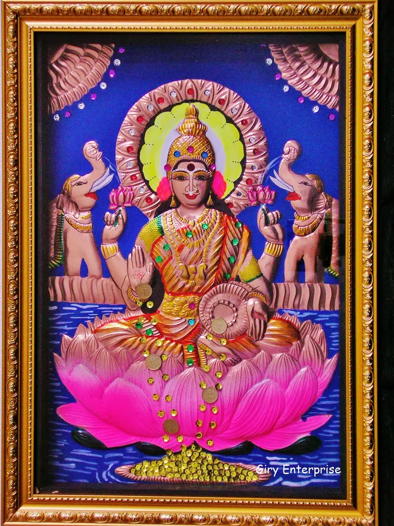 Mahalakshmi in hand-tooled copper, painted and framed, full frontal view