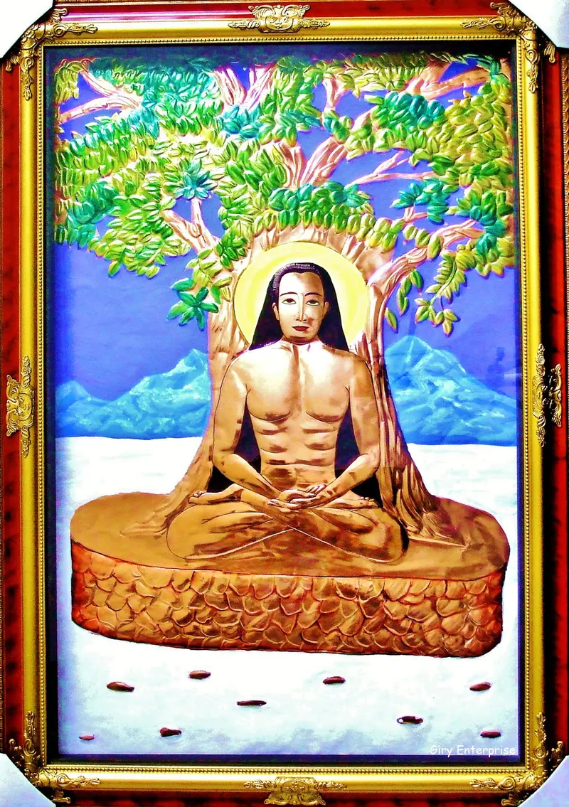 Mahavatar Babaji in hand-tooled copper, painted and framed, full frontal view