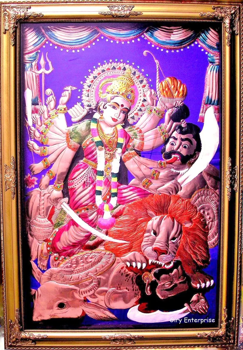 Mahishasura Mardini in hand-tooled copper, painted and framed, full frontal view