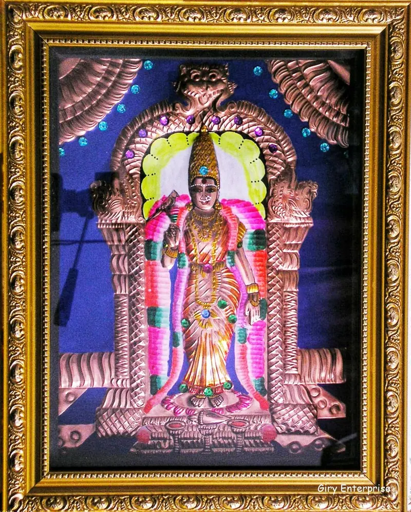Meenakshi Amman in hand-tooled copper, painted and framed, full frontal view