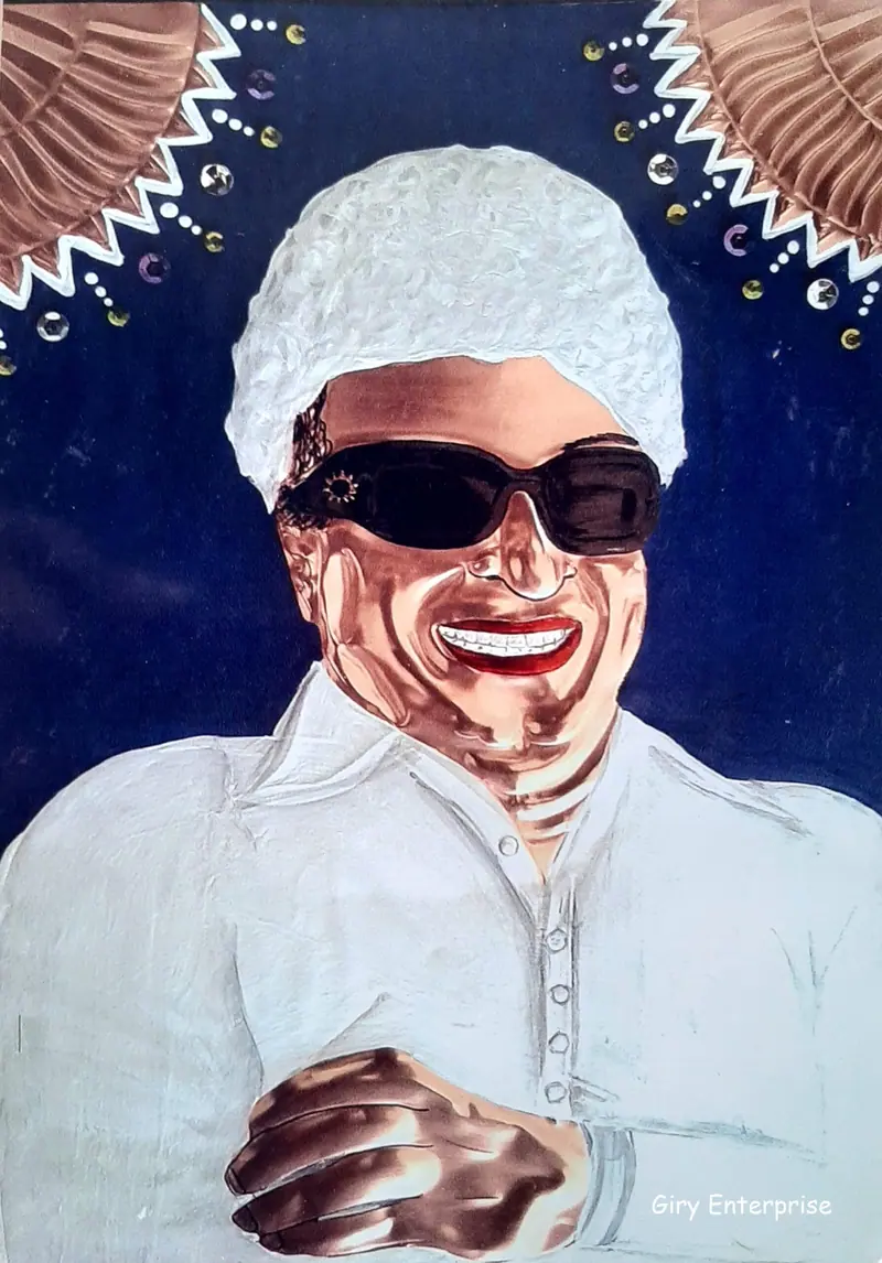 M. G. Ramachandran (MGR) in hand-tooled copper, painted and framed, full frontal view