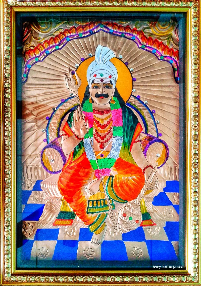 Muneeswarar in hand-tooled copper, painted and framed, full frontal view