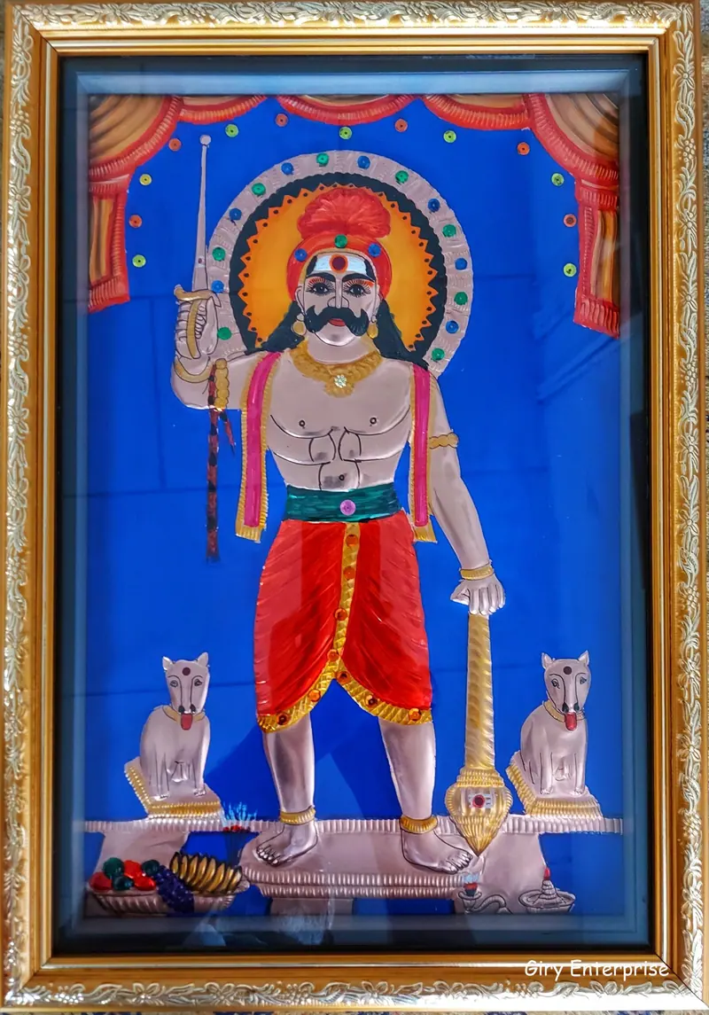 Muniyandi in hand-tooled copper, painted and framed, full frontal view