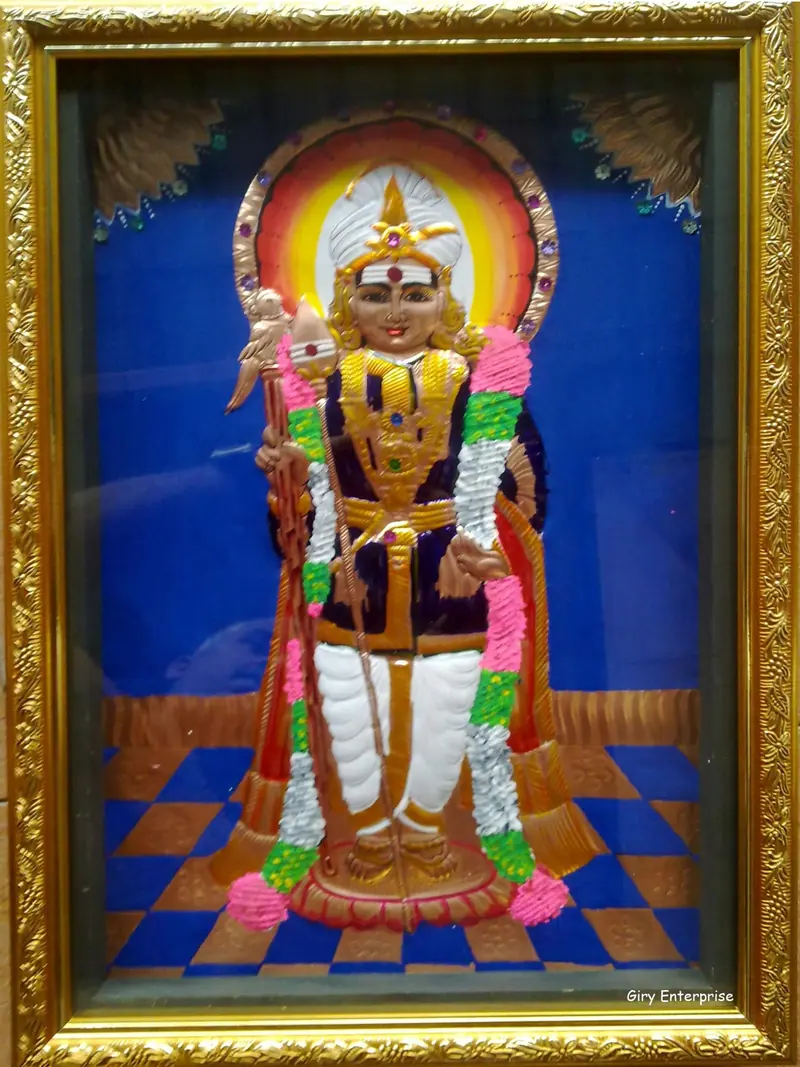 Murugan (Raja Alankaram) in hand-tooled copper, painted and framed, full frontal view