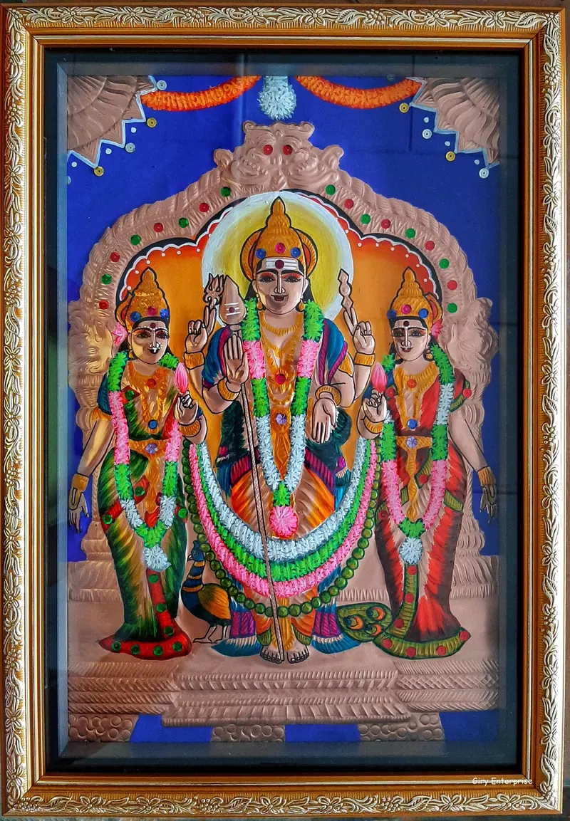 Murugan Valli Deivanai in hand-tooled copper, painted and framed, full frontal view