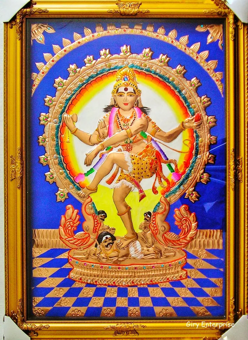 Nadaraja in hand-tooled copper, painted and framed, full frontal view